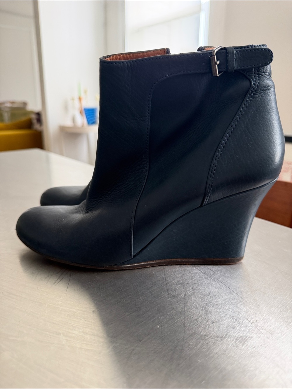 Lanvin Navy  Leather Wedge Booties -new